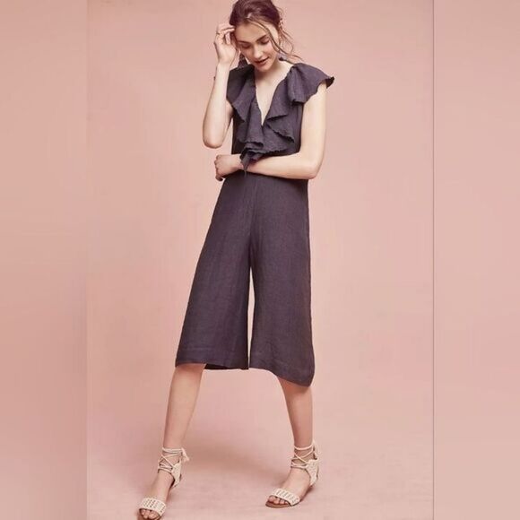 Anthro Maria Stanley Gray Ruffled Neckline Cascada Wide Leg Cropped Jumpsuit S - Picture 1 of 8